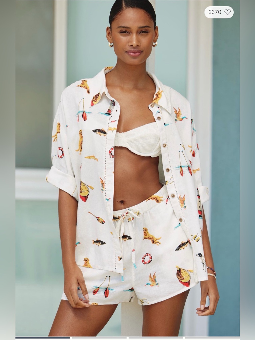 Anthropologie Celedane Women’s White Printed Linen Dog Lighthouse Shirt Size L